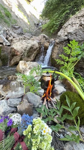 Tranquil Woodland Landscape with Wild Stream and Hot Tea on Wood Fire