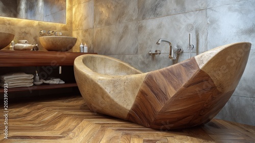 Sculptural stone and wood bathtub dominates a luxurious bathroom interior design
