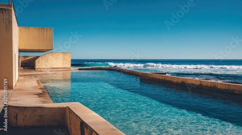 Architectural seaside pool overlooks vibrant blue ocean waves under clear sky
