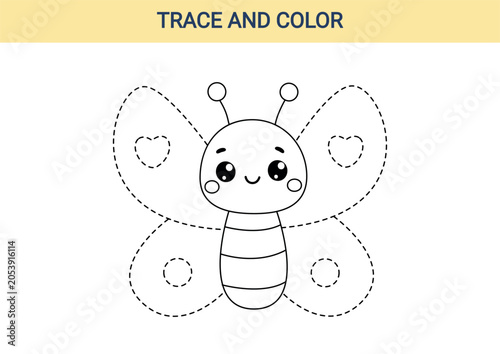 Cute kawaii butterfly tracing worksheet for children. Black and white educational printable activity for tracing wing shapes, improving fine motor skills and early handwriting development.
