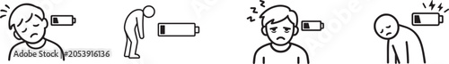 Foto Line icons of tired exhausted person with low battery energy status