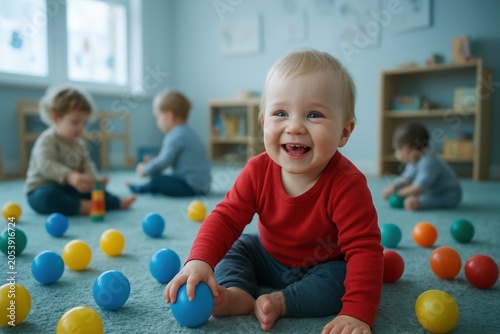a bright daycare room, showing a smiling baby surrounded by colorful plastic balls while other children play in the background