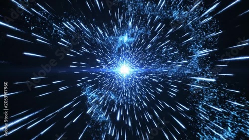 A bright blue light streaks through a dark cosmic void space