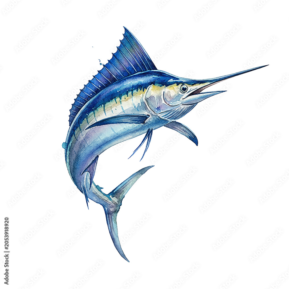 Obraz premium Dynamic blue marlin fish with distinctive long bill and vibrant fins swimming in the ocean watercolor illustration