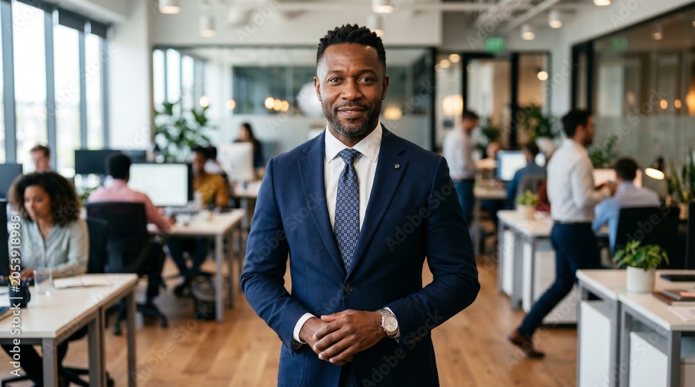 Fototapeta premium Confident diverse business man smiling in modern office with colleagues working in background