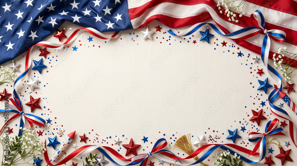 Fototapeta premium Independence Day celebration frame with American flag and ribbons
