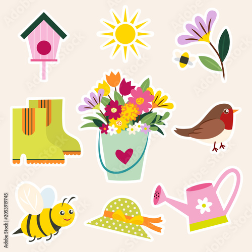 Spring icon pack. Set of birdhouse, sun, flower, rain boots, flower bucket, robin, bee, spring hat and watering can stickers in flat design. Vector illustration.