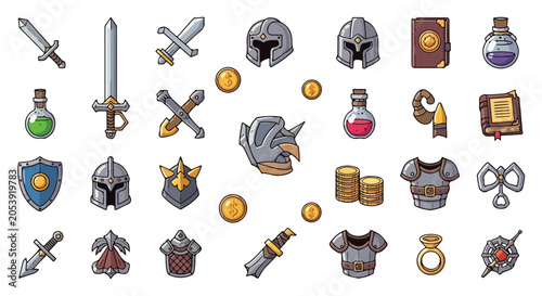 Fotografie Fantasy RPG game icons set, medieval warrior equipment and loot vector illustrat