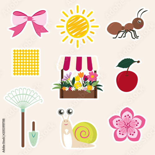 Spring icon pack. Set of bow, sun, ant, fabrics, flower shop, cherry, gardening tools, snail, and sakura stickers in flat design. Vector illustration.