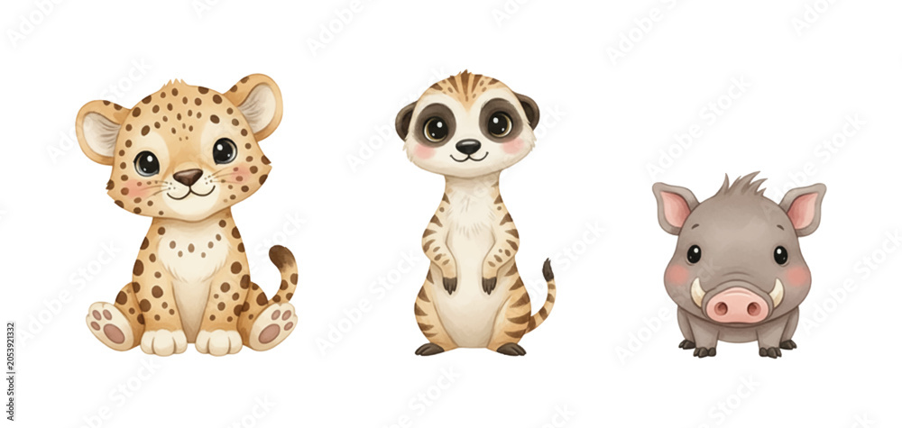 Fototapeta premium Cute Happy Leopard Cub Meerkat and Warthog Piglet Cartoon Illustration Isolated on White Background
