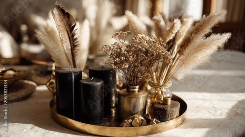 Decorative arrangement of black pillar candles and dried botanicals rests on a golden tray indoors