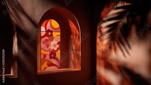 Interior architectural niche showcases brightly colored floral artwork illuminated by warm sidelight