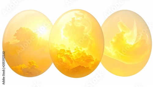 Three egg-shaped orbs reflecting warm, golden, sunlit clouds against a white background