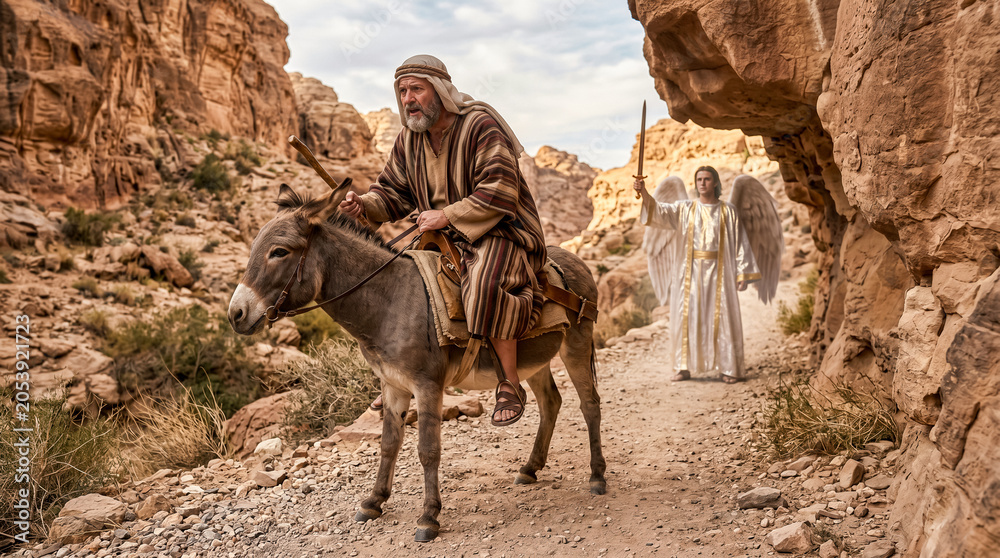 Obraz premium Balaam is riding a donkey, Bible story.