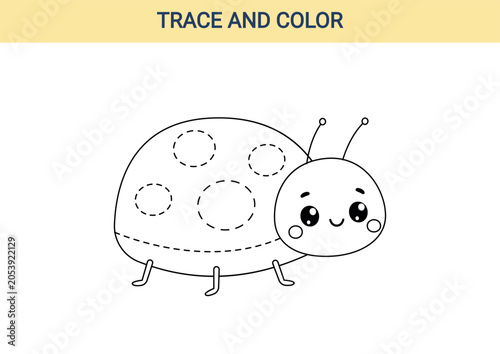 Cute kawaii ladybug tracing worksheet for preschool learning. Black and white activity page with tracing circles for fine motor skills, concentration and handwriting preparation.