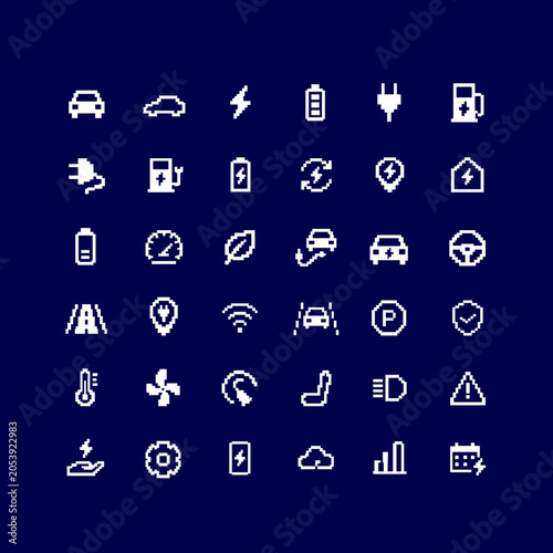 Electric vehicle and EV charging station line icon set on dark blue background