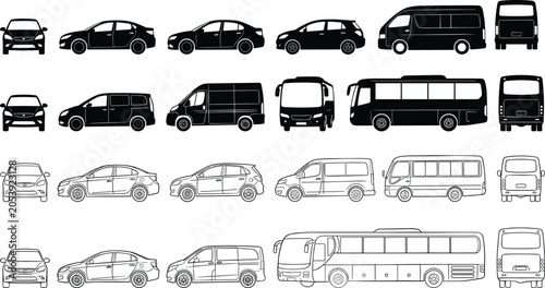 Vehicle silhouette and outline illustration set with cars, vans, buses, compact automobiles, and detailed vector design elements