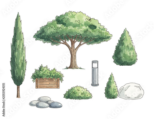 Watercolor illustration set of various garden and park elements including trees bushes rocks and a modern lamp