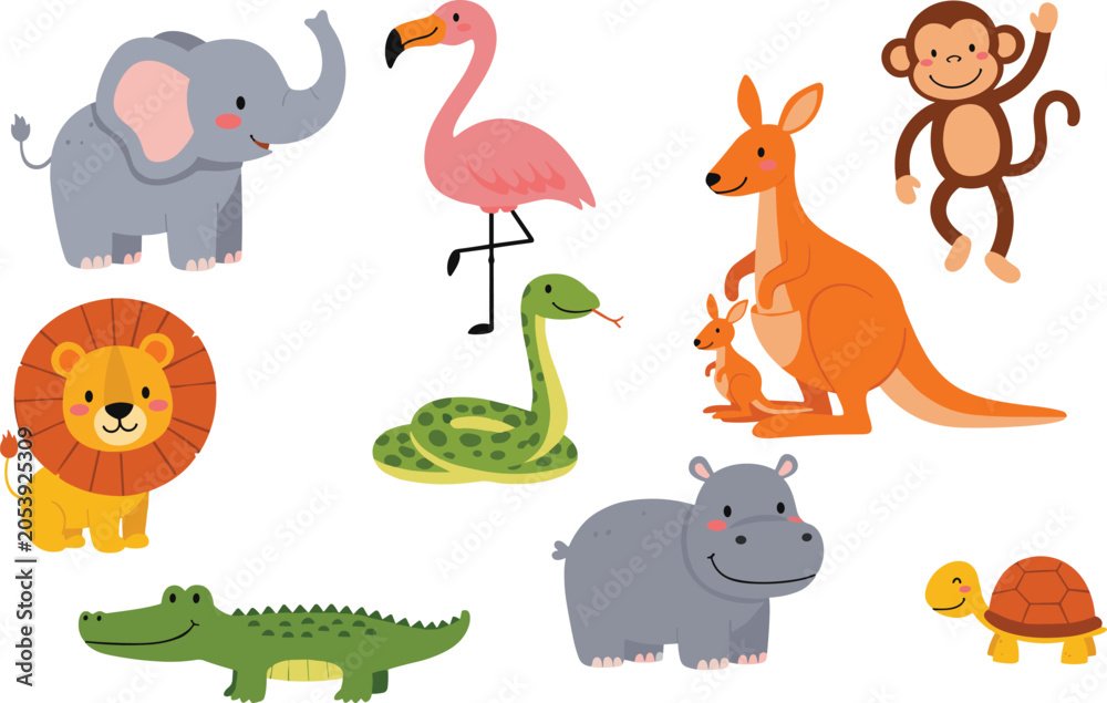 Ταπετσαρία Friendly cartoon jungle animals including elephant, lion, monkey, kangaroo, croc