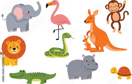 Canvas Print Friendly cartoon jungle animals including elephant, lion, monkey, kangaroo, croc