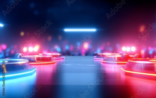 Futuristic neon game console buttons glowing red and blue on dark surface