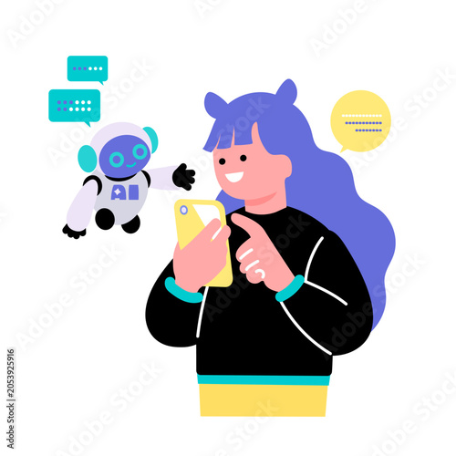 AIロボットとスマホでやり取りする女性のイラスト　生成AI・チャット・笑顔