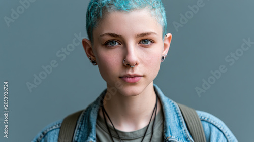 Androgynous nonbinary portrait blue hair piercing denim backpack teenager urban confident androgynous nonbinary portrait with blue hair and piercing, denim jacket, backpack, teenager style