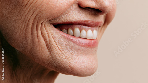 Smile mouth wrinkle skin senior woman closeup profile happy teeth natural aging mature face cheek lip jaw emotion expression laugh line human female person healthy dental hygiene beauty healthcare