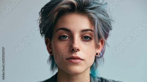 Androgynous portrait nonbinary freckles piercing haircut hairstyle confident modern youthful androgynous portrait with short layered hairstyle, facial piercing, soft freckles, calm confident