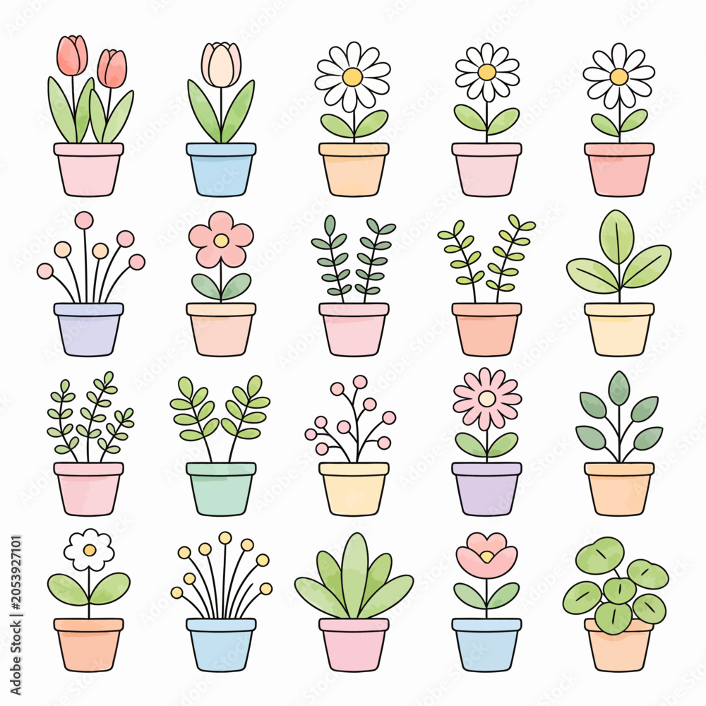 Fototapeta premium Brightly colored cartoon plants in small pots