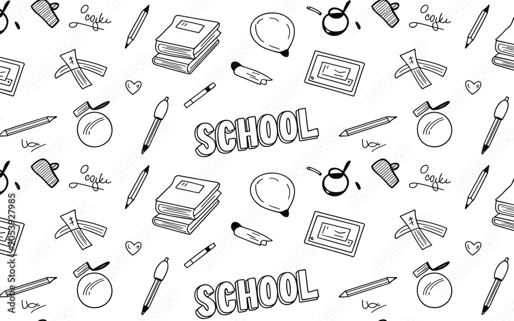 Naklejka premium Seamless pattern of hand drawn school supplies including books, pencils, and school text on a white background, black and white doodle style
