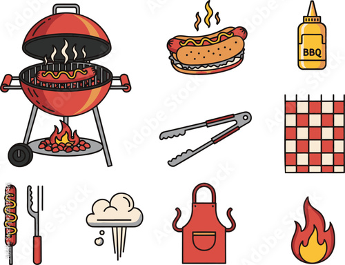 Barbecue Grill and Hot Dog Vector Icon Set