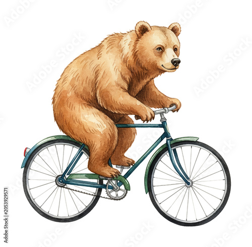 Happy Brown Bear Riding a Bicycle with a Calm Expression Watercolor Illustration White Background
