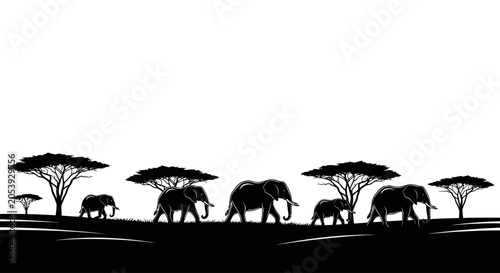 Konstfotografi Silhouettes of African wildlife including elephants and acacia trees at sunset