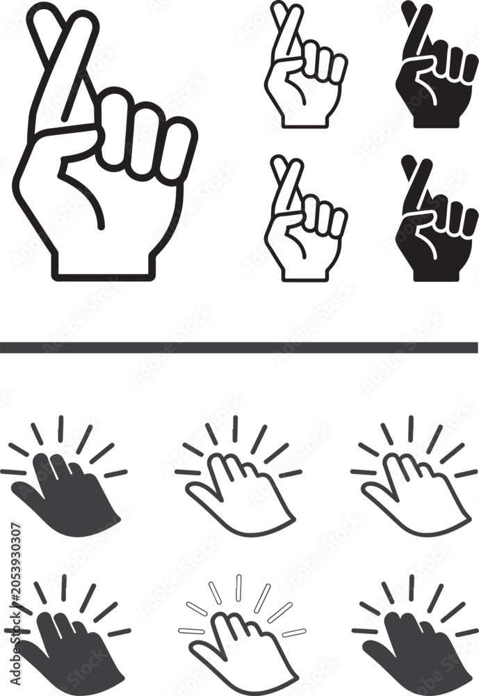 Fototapeta premium Hand gesture vector icons featuring fingers crossed for luck and finger snapping for ideas in outline and solid styles