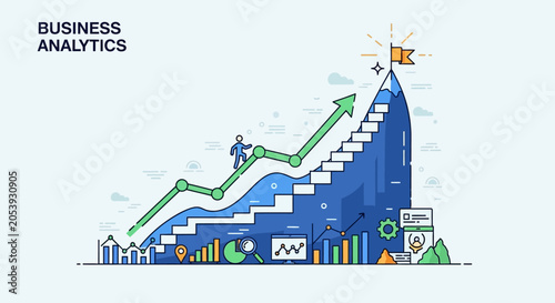 Business Analytics Growth Chart Ascending Mountain Peak Flag Success Strategy