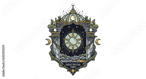 Esoteric Celestial Emblem with Sun, Moon, Stars, and Architecture