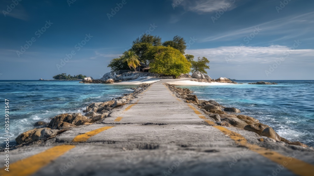 Fototapeta premium Scenic Causeway Extending Across Shallow Sea Toward Small Island