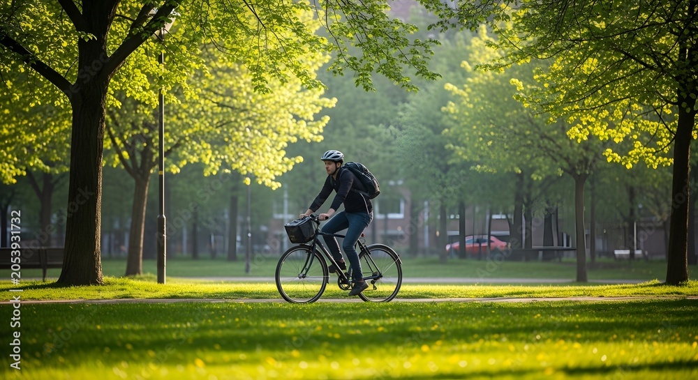 Fototapeta premium Man cycling through World green park on a bright Conservation Day in Nature