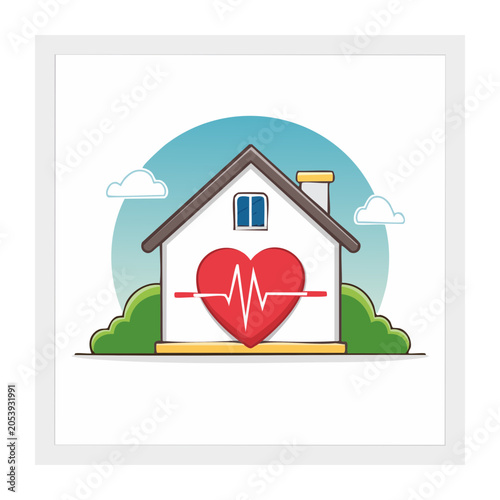 Flat design house with heart shield icon