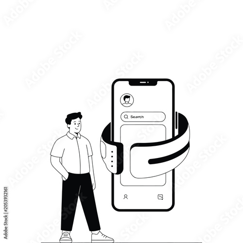 Person connecting with smartwatch technology and smartphone mobile interface