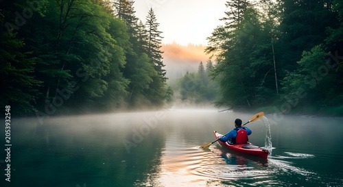 Kayaker paddles through misty river on Conservation Day surrounded by World Nature