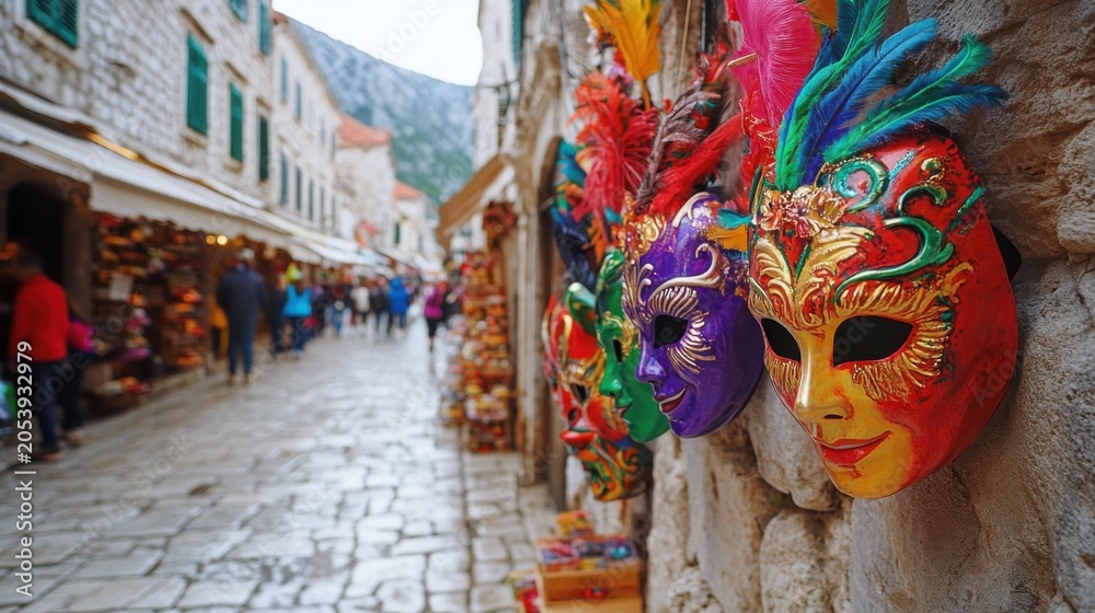 Fototapeta premium colorful venetian masks on stone wall in old town