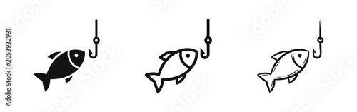 Konstfotografi Fishing icon set with fish and hook on a line in solid, outline, and hand-drawn