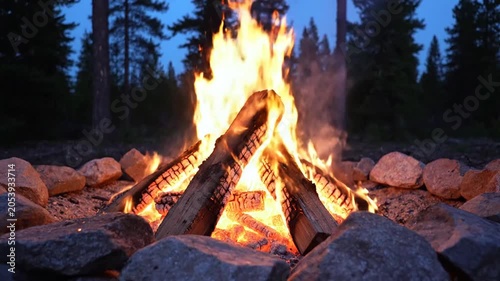 A bright campfire burns in a stone ring at twilight