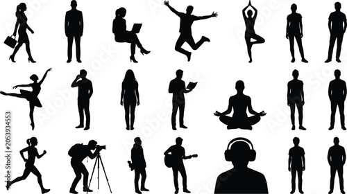Foto Vector collection of black silhouette people engaged in a diverse range of active lifestyle, business, fitness, and casual hobby activities isolated on a white background