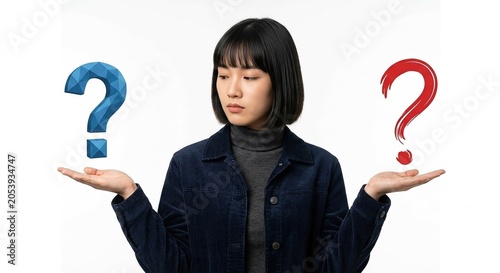 Thoughtful Asian woman contemplating two choices with question marks on open hands decision dilemma