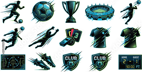 Dynamic Soccer and Football Sport Icon Vector Collection with Players Ball Stadium Trophy Jersey Cleats and Tactics Board Elements