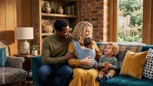 Happy biracial family smiling on couch African American man Caucasian woman with baby carrier and toddler boy