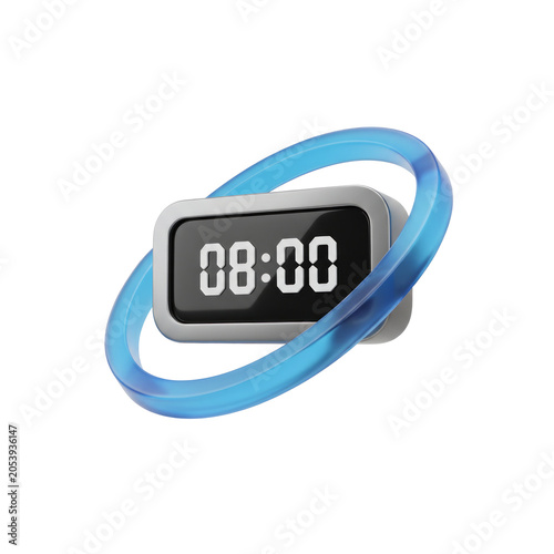 3D Digital Timer Clock Icon with Blue Orbit Ring Isolated on transparent background